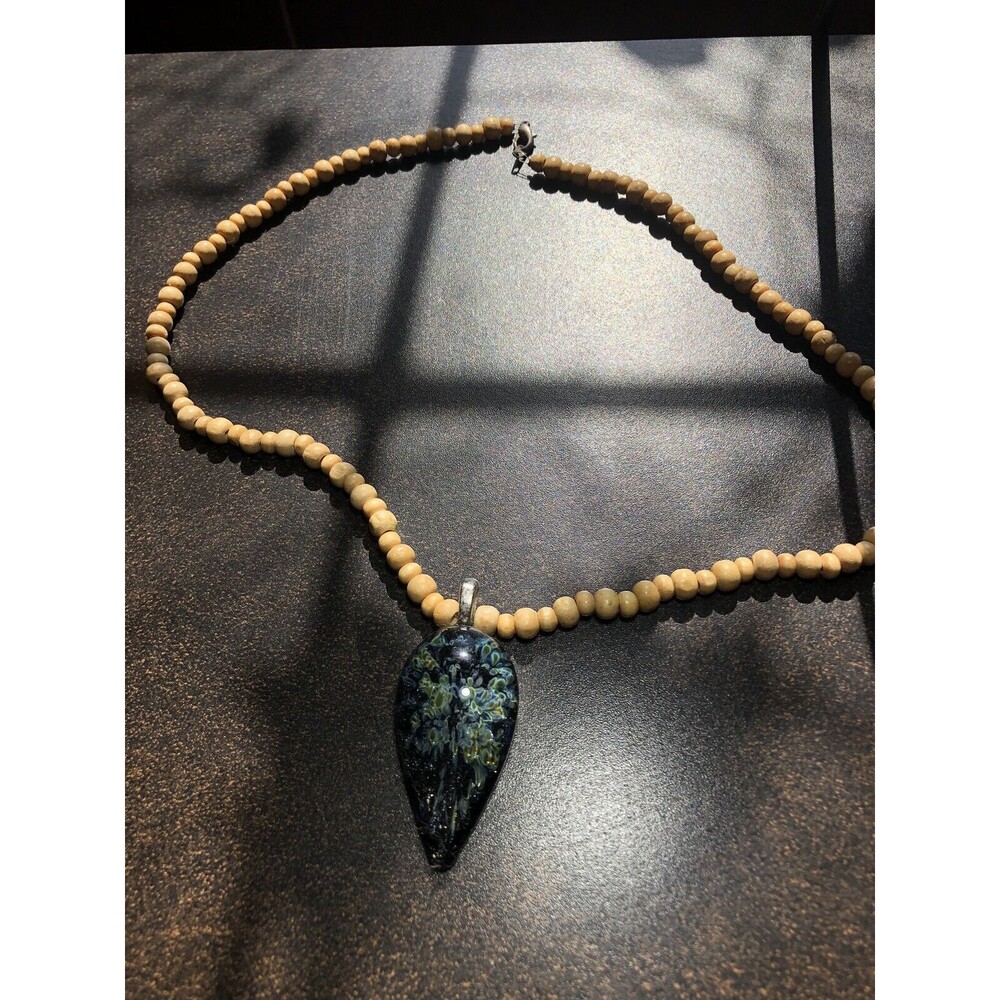 Boro Art Glass Pendant On 19" Wooden Bead Necklace Boho Style Artisan Made 2008 - Picture 4 of 14